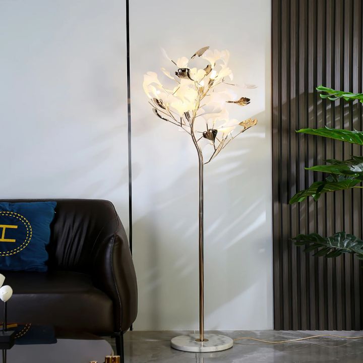 Gliss Gingko Ceramic Leaf Floor Lamp, Modern Stand Lamp - Gold & White Marble BaseBlushlighting