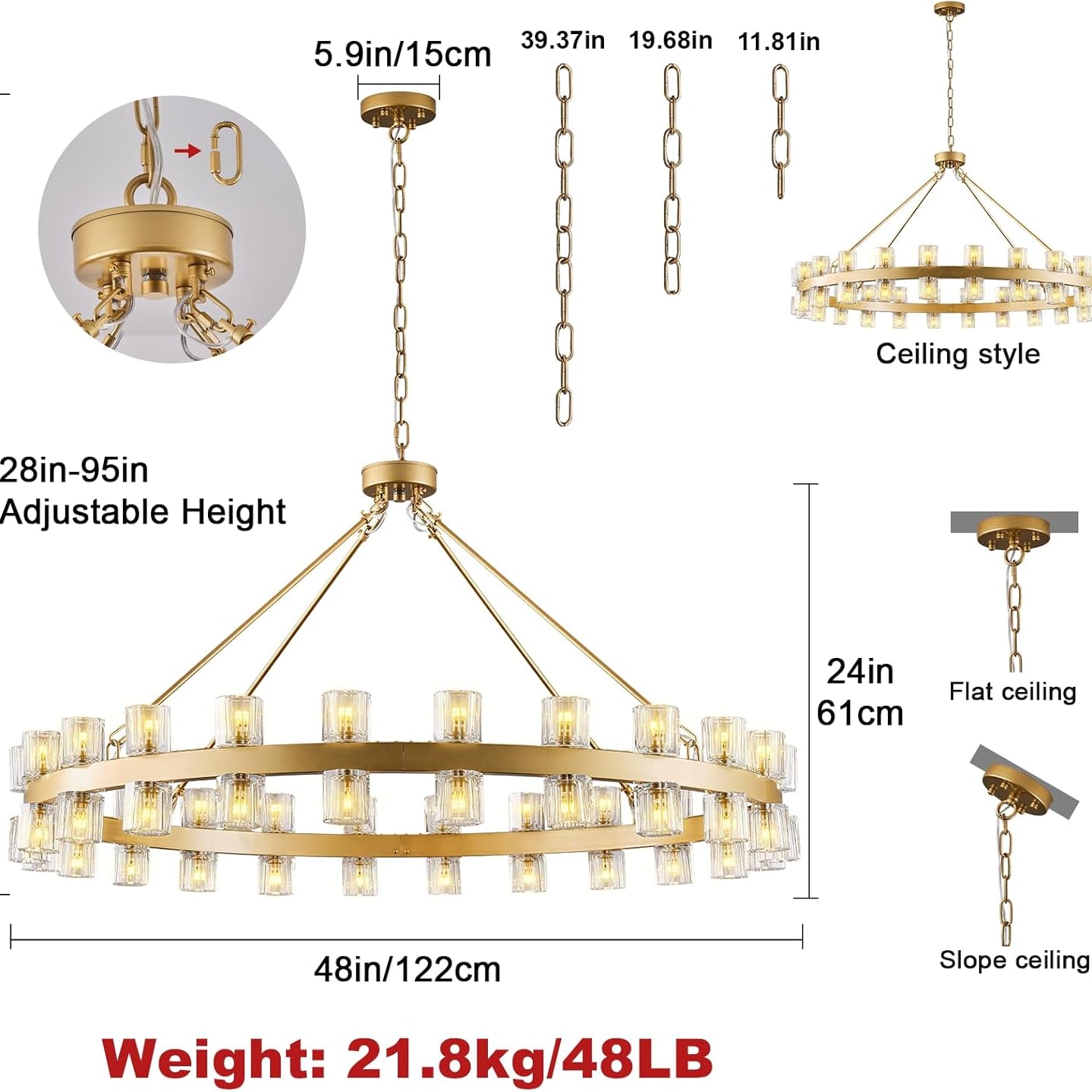 Gold 48‑Inch Wagon Wheel Chandelier with 48 Crystal Lights