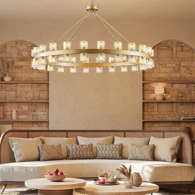 Gold 48‑Inch Wagon Wheel Chandelier with 48 Crystal Lights