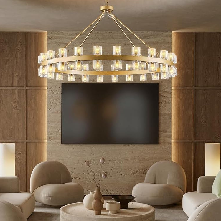 Gold 48‑Inch Wagon Wheel Chandelier with 48 Crystal Lights