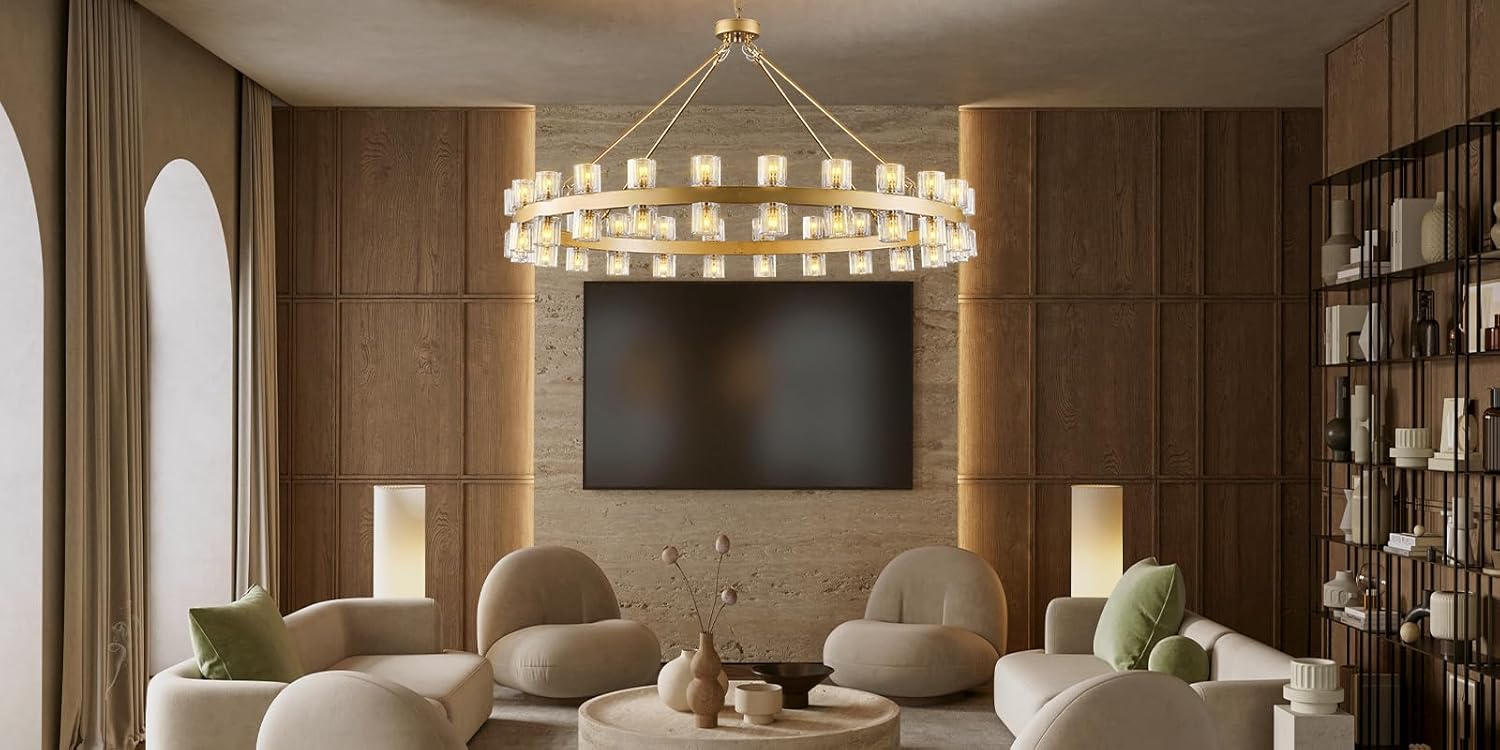 Gold 48‑Inch Wagon Wheel Chandelier with 48 Crystal Lights