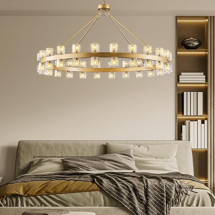 Gold 48‑Inch Wagon Wheel Chandelier with 48 Crystal Lights