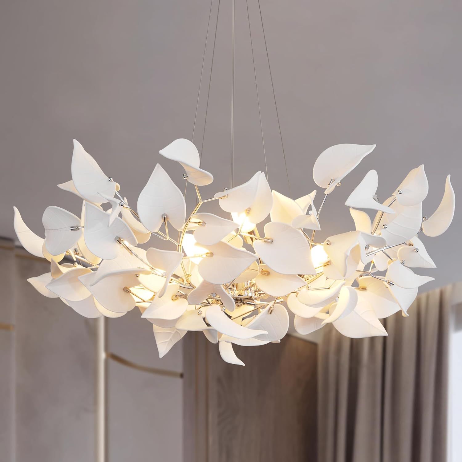 Gold Ceramic Leaf Chandelier 31.5" 6 - Light Modern Round Fixture - SilverD39''Blushlighting