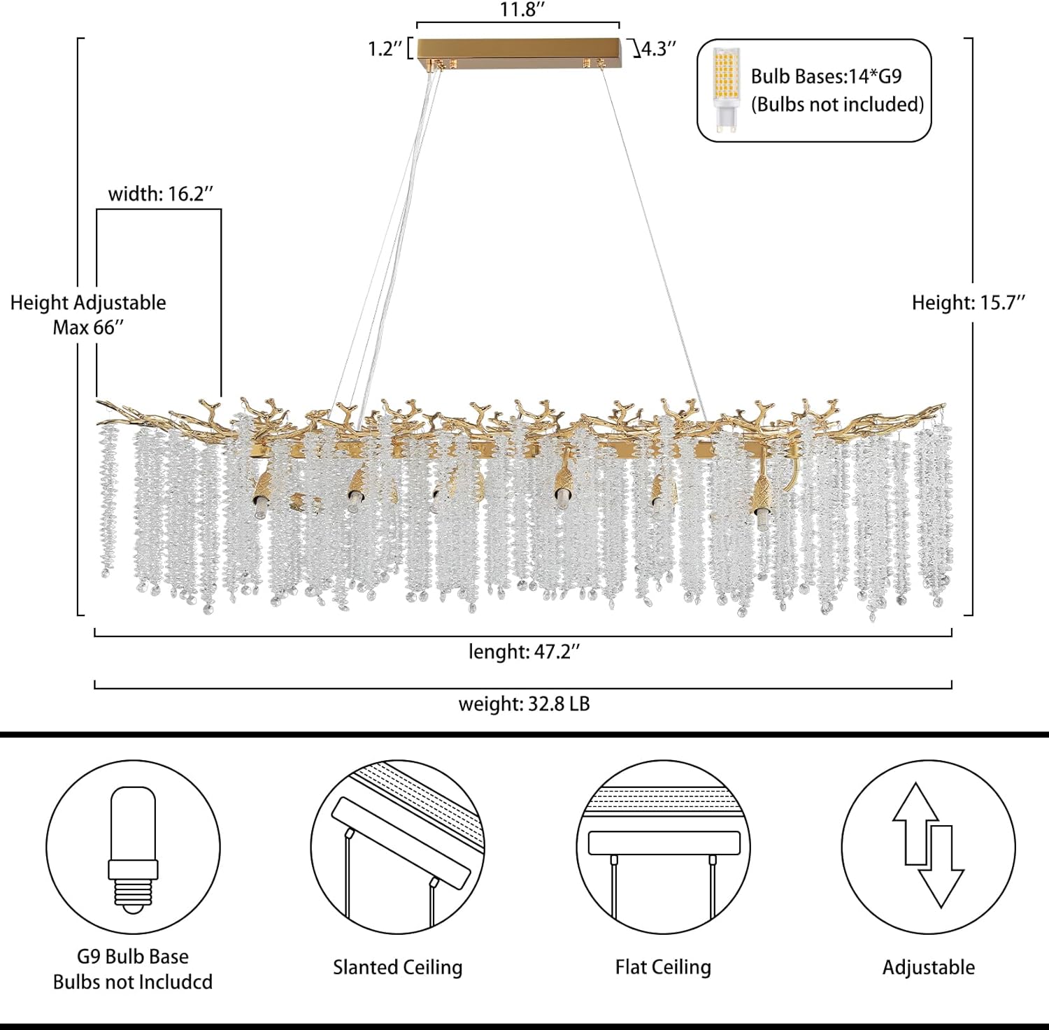 Gold Tree Branch Crystal Chandelier 47.2" Rectangular - GoldRectangle - 47.2"Blushlighting