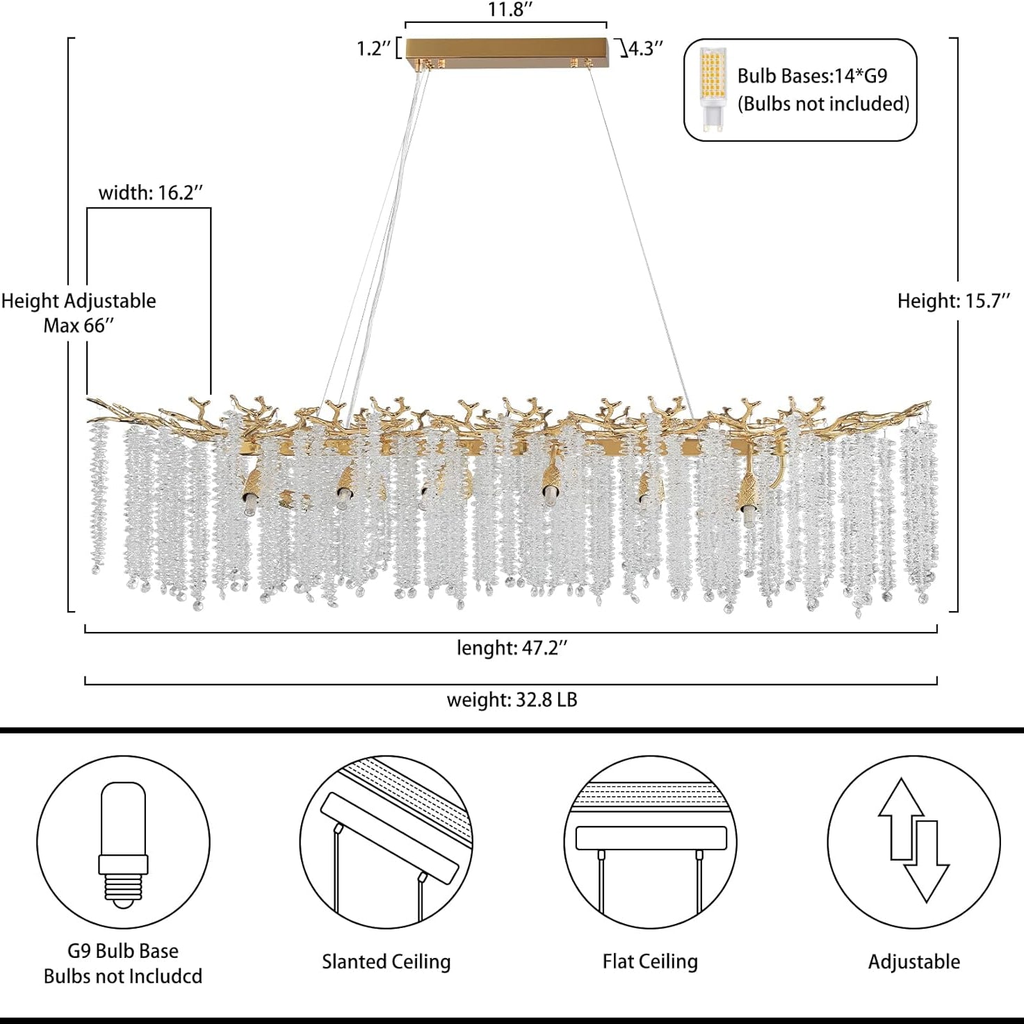 YUYI Gold Tree Branch Crystal Chandelier 47.2" Rectangular
