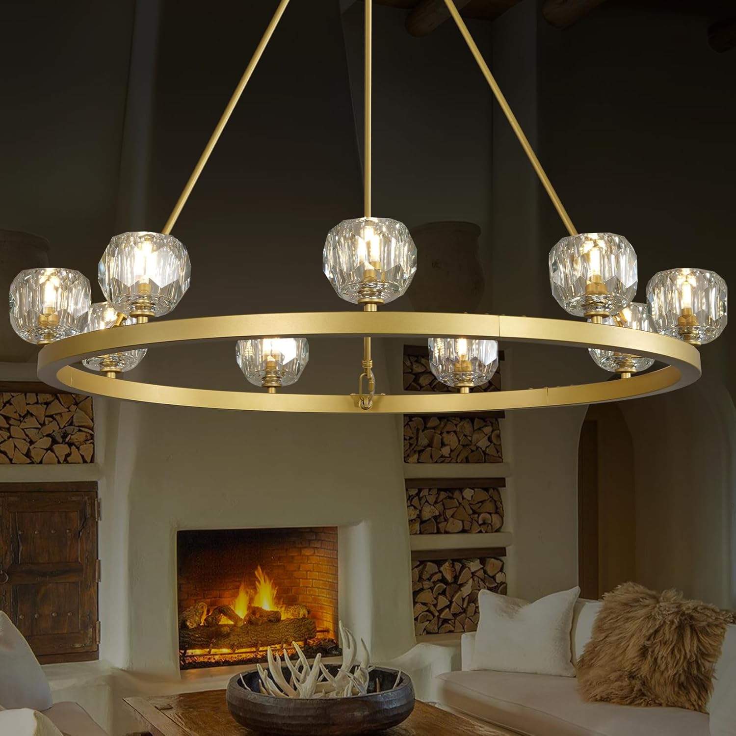 Gold Wagon Wheel Chandelier – 36" 9-Light Crystal Fixture for Modern Homes