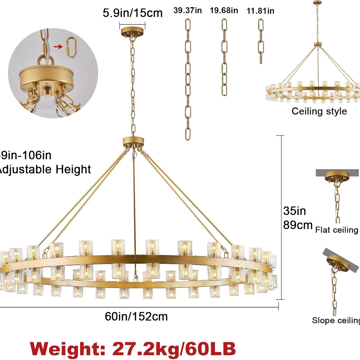 Gold Wagon Wheel Chandelier 60" Crystal Shade, 60 Lights, Farmhouse
