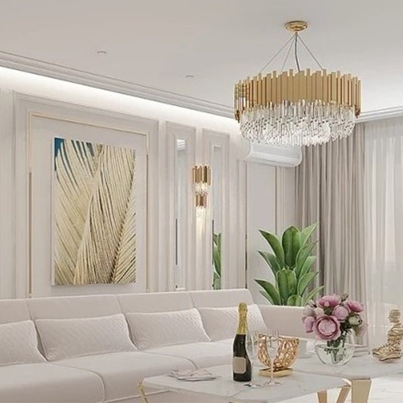 Gold/Silver Round Modern Tiered Metal Crystal Chandelier - Round: 1 Layer D23.6"*H13.8"/9 Lights/27kgGoldWhite LightBlushlighting