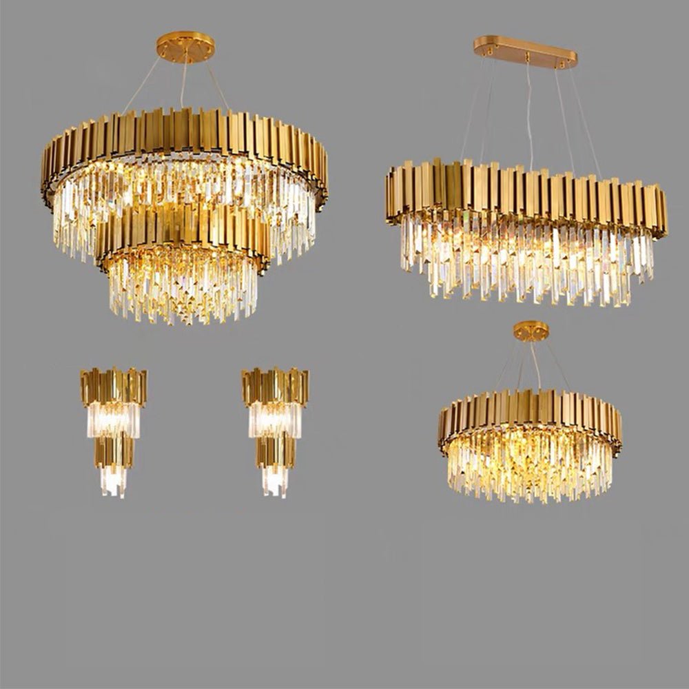 Gold/Silver Round Modern Tiered Metal Crystal Chandelier - Whole Set(Round: 2 Layers D39.4"+Rectangle: L35.5"+2 Layers Wall Light*2+Round: 1 Layer D36.2")GoldWarm LightBlushlighting