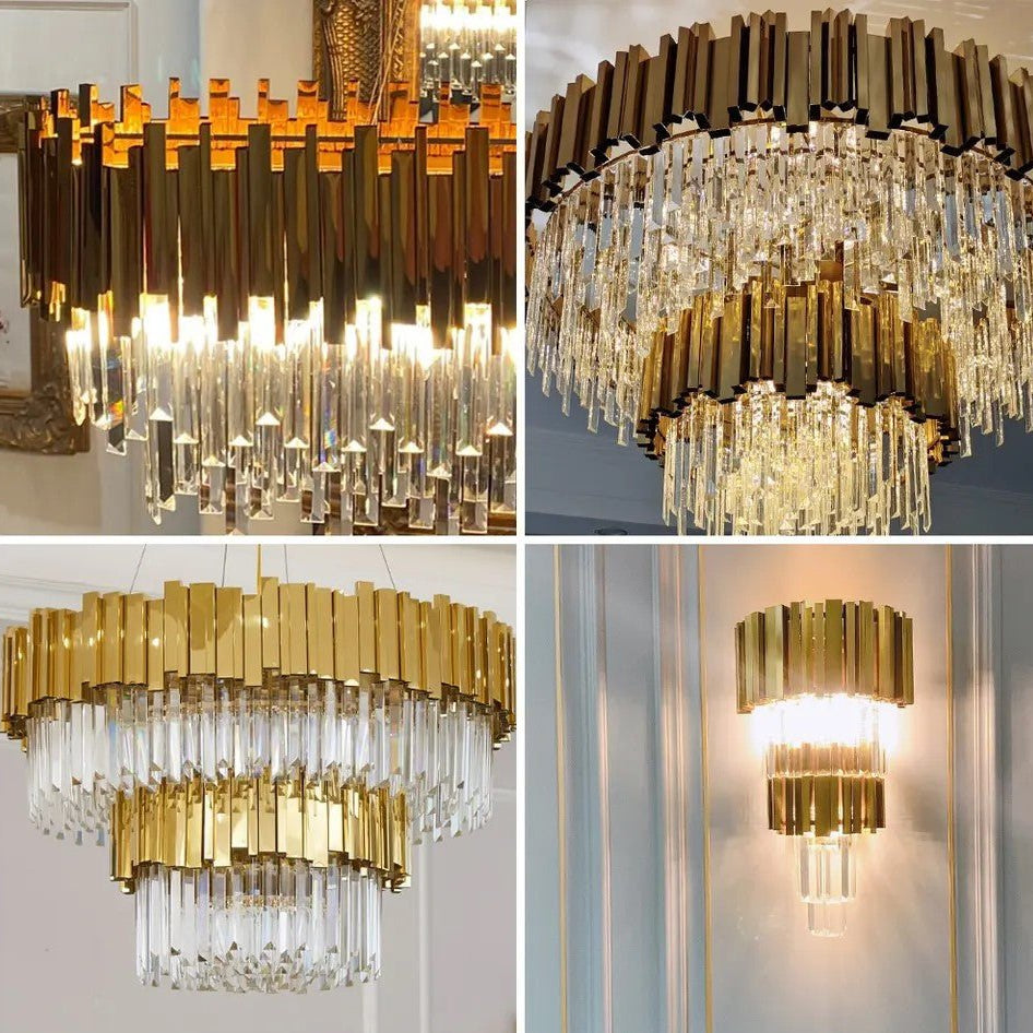 Gold/Silver Round Modern Tiered Metal Crystal Chandelier - 2 Layers Wall Light: D10.6"*H21.3"GoldWarm LightBlushlighting