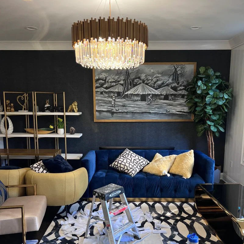 Gold/Silver Round Modern Tiered Metal Crystal Chandelier - Whole Set(Round: 2 Layers D39.4"+Rectangle: L35.5"+2 Layers Wall Light*2+Round: 1 Layer D36.2")GoldWarm LightBlushlighting