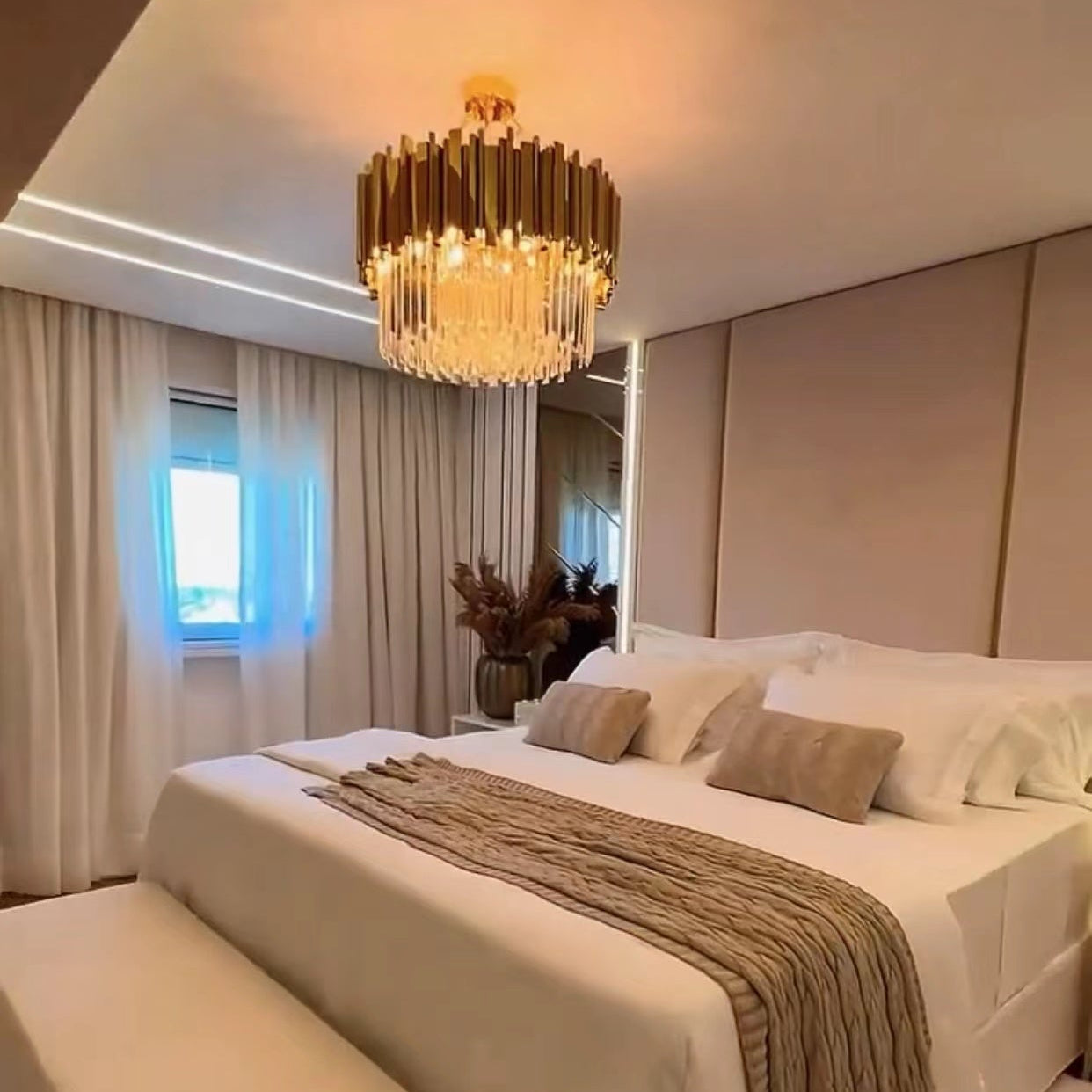 Gold/Silver Round Modern Tiered Metal Crystal Chandelier - Whole Set(Round: 2 Layers D39.4"+Rectangle: L35.5"+2 Layers Wall Light*2+Round: 1 Layer D36.2")GoldWarm LightBlushlighting