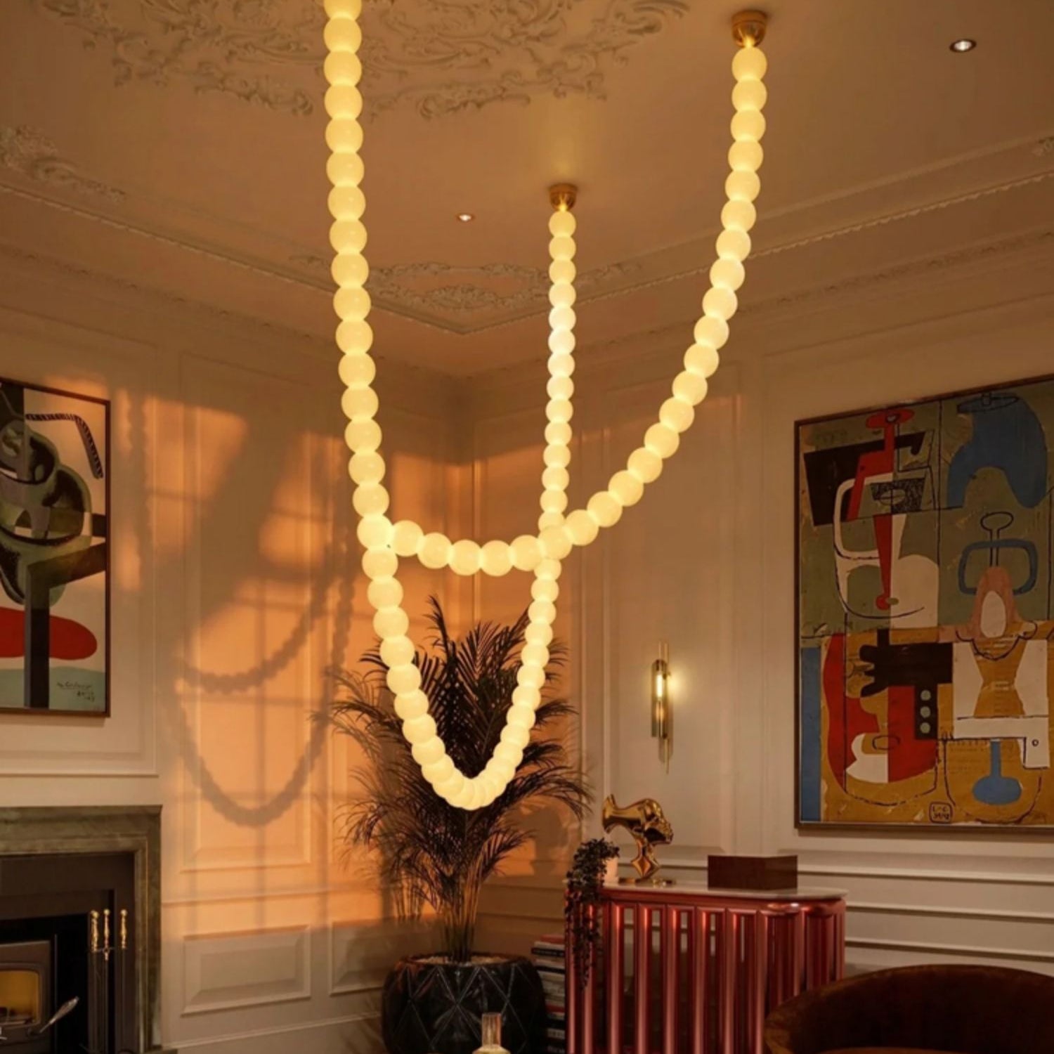 Halti Necklace Acrylic Chandelier - 114 Lights: Dia 31.5" x H 98.4"Gold & WhiteWarm LightBlushlighting