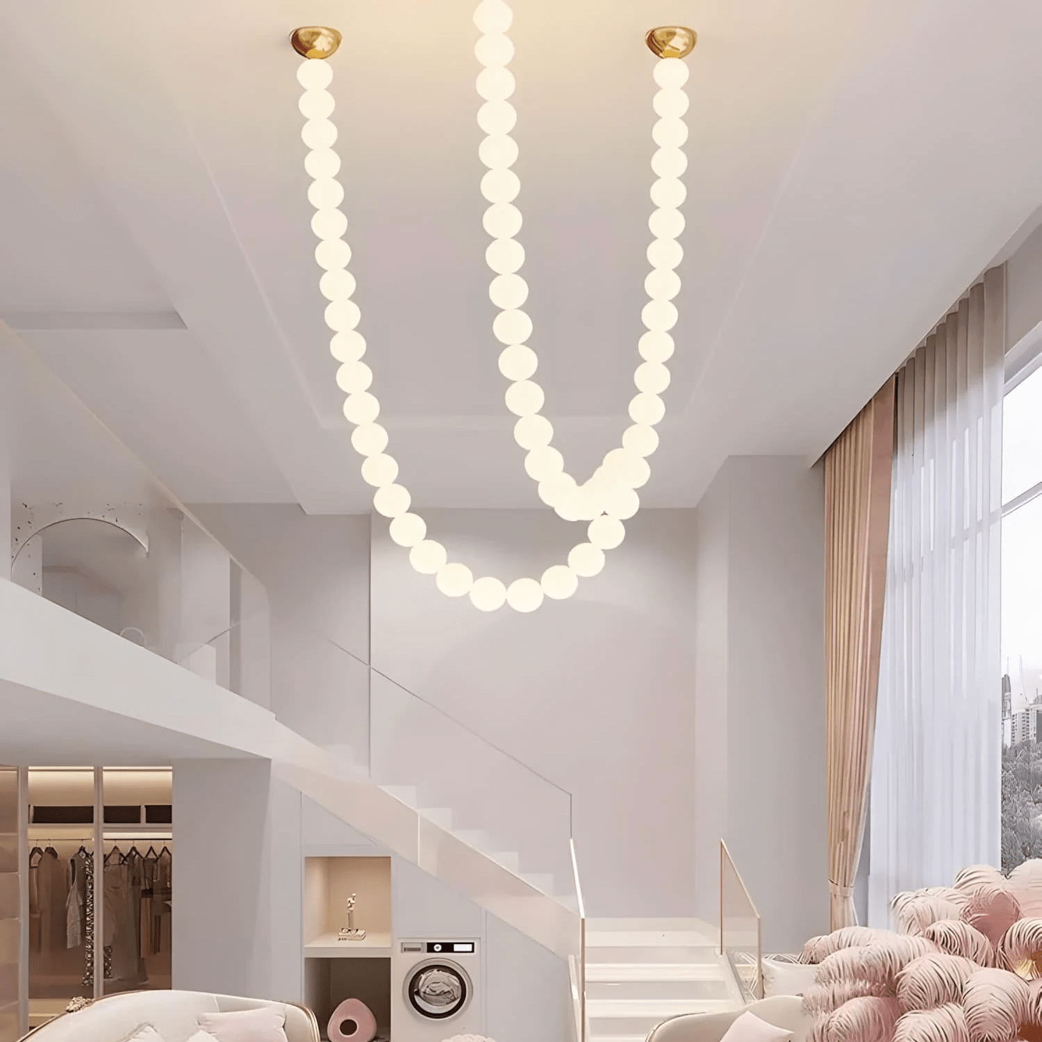 Halti Necklace Acrylic Chandelier - 114 Lights: Dia 31.5" x H 98.4"Gold & WhiteWarm LightBlushlighting