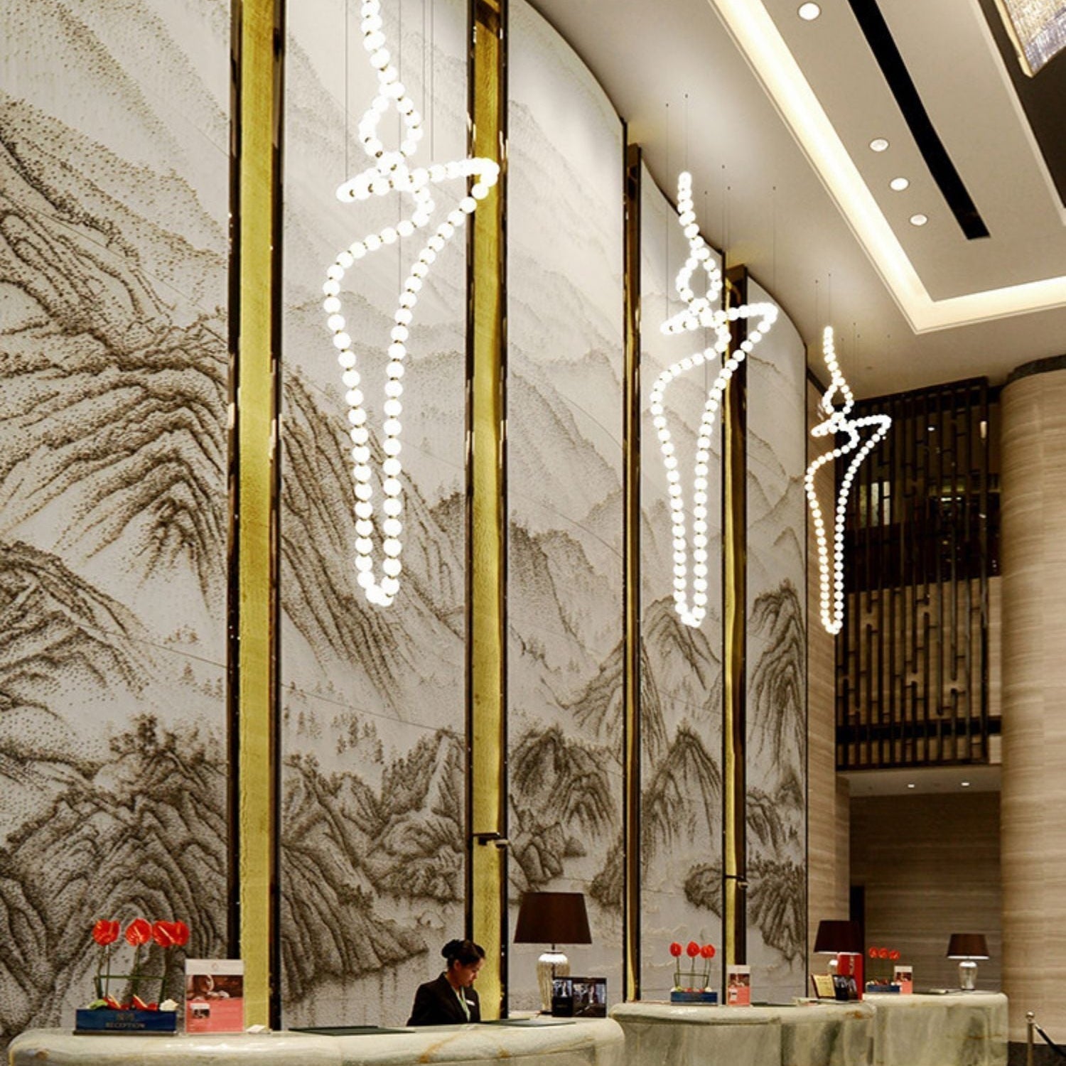 Halti Necklace Acrylic Chandelier - 114 Lights: Dia 31.5" x H 98.4"Gold & WhiteWarm LightBlushlighting