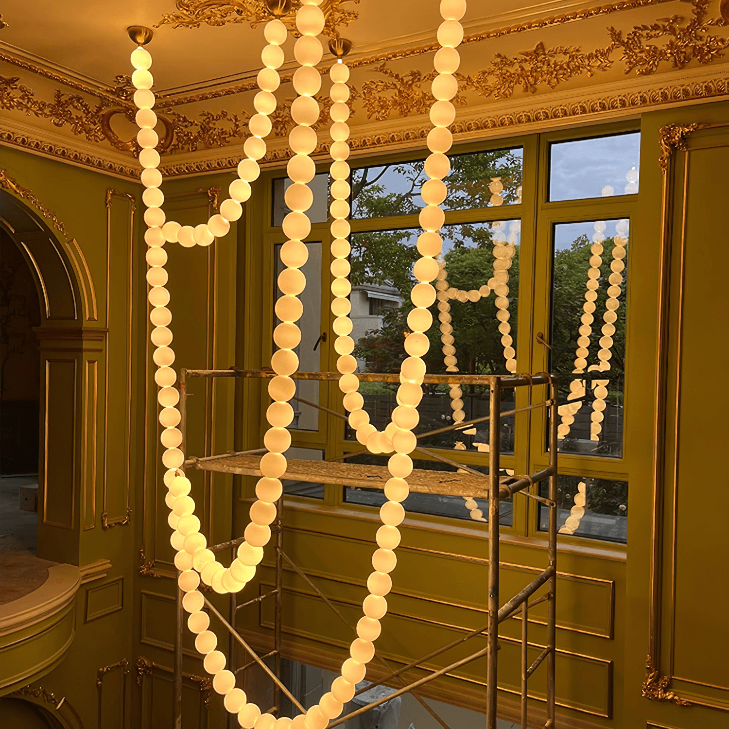 Halti Necklace Acrylic Chandelier - 114 Lights: Dia 31.5" x H 98.4"Gold & WhiteWarm LightBlushlighting