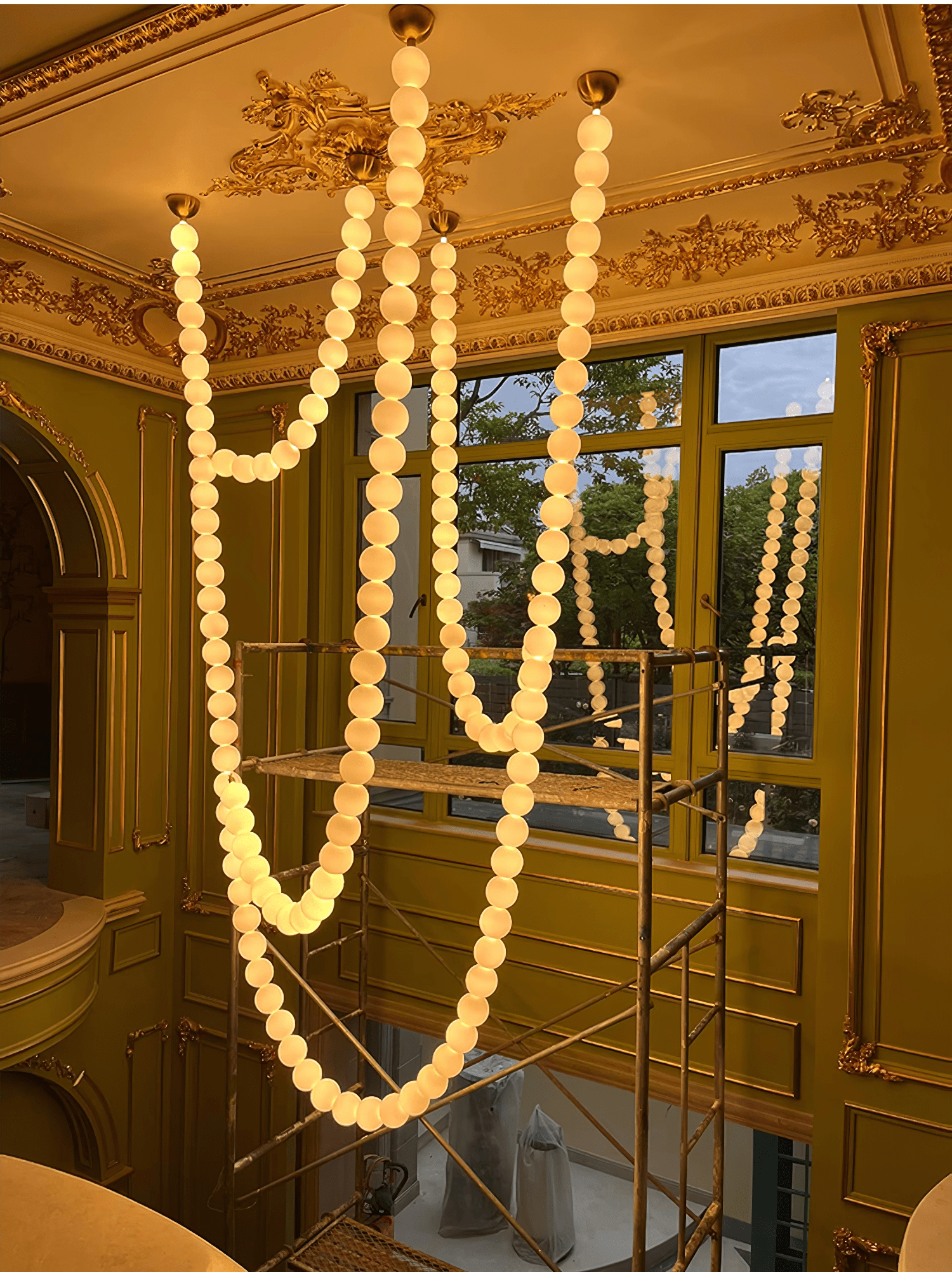 Halti Necklace Acrylic Chandelier - 114 Lights: Dia 31.5" x H 98.4"Gold & WhiteWarm LightBlushlighting