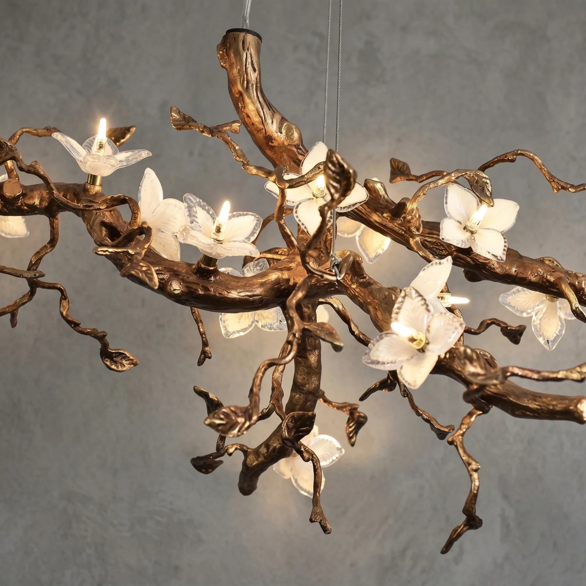 Handcrafted Sculptural Floral Branch Chandelier - ∅ 57.1″ x H 19.7″ x W 17.7″Gold + White + TransparentBlushlighting