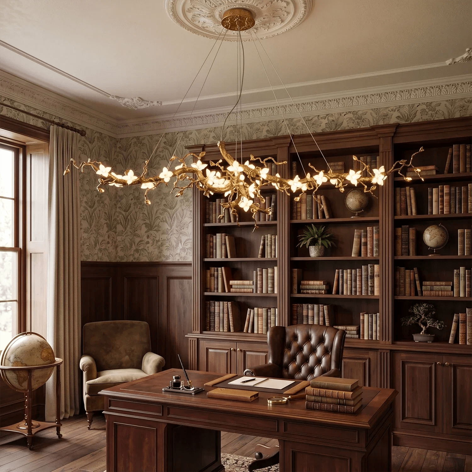 Handcrafted Sculptural Floral Branch Chandelier - ∅ 57.1″ x H 19.7″ x W 17.7″Gold + White + TransparentBlushlighting