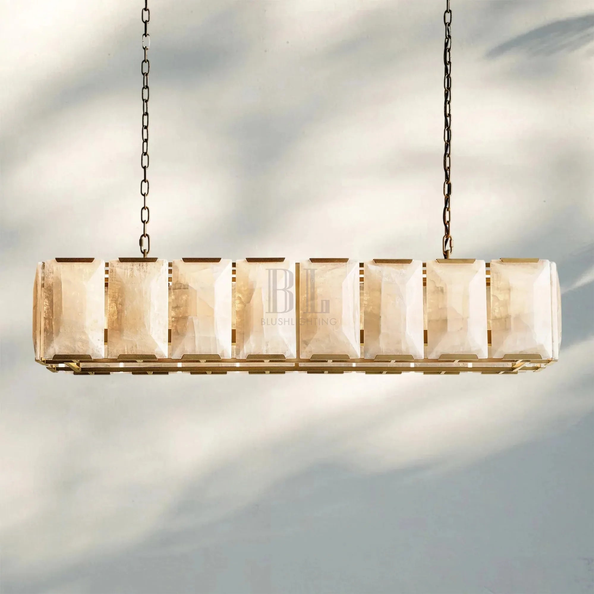 Herlow Calcite Rectangular Chandelier-Retangular 54'' 16-Light-Lacquered Brass-