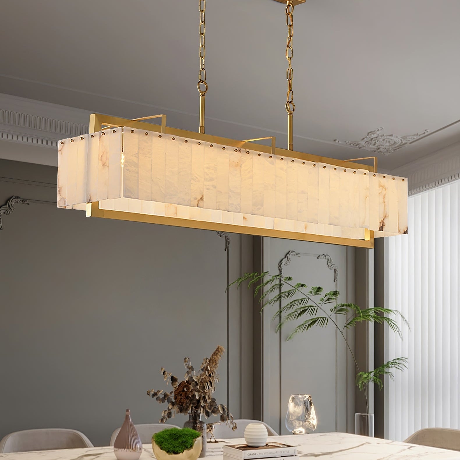 Hexa Alabaster Chandelier - L 49.2″ x W 8.3″ x H 23.6″Gold & WhiteBlushlighting