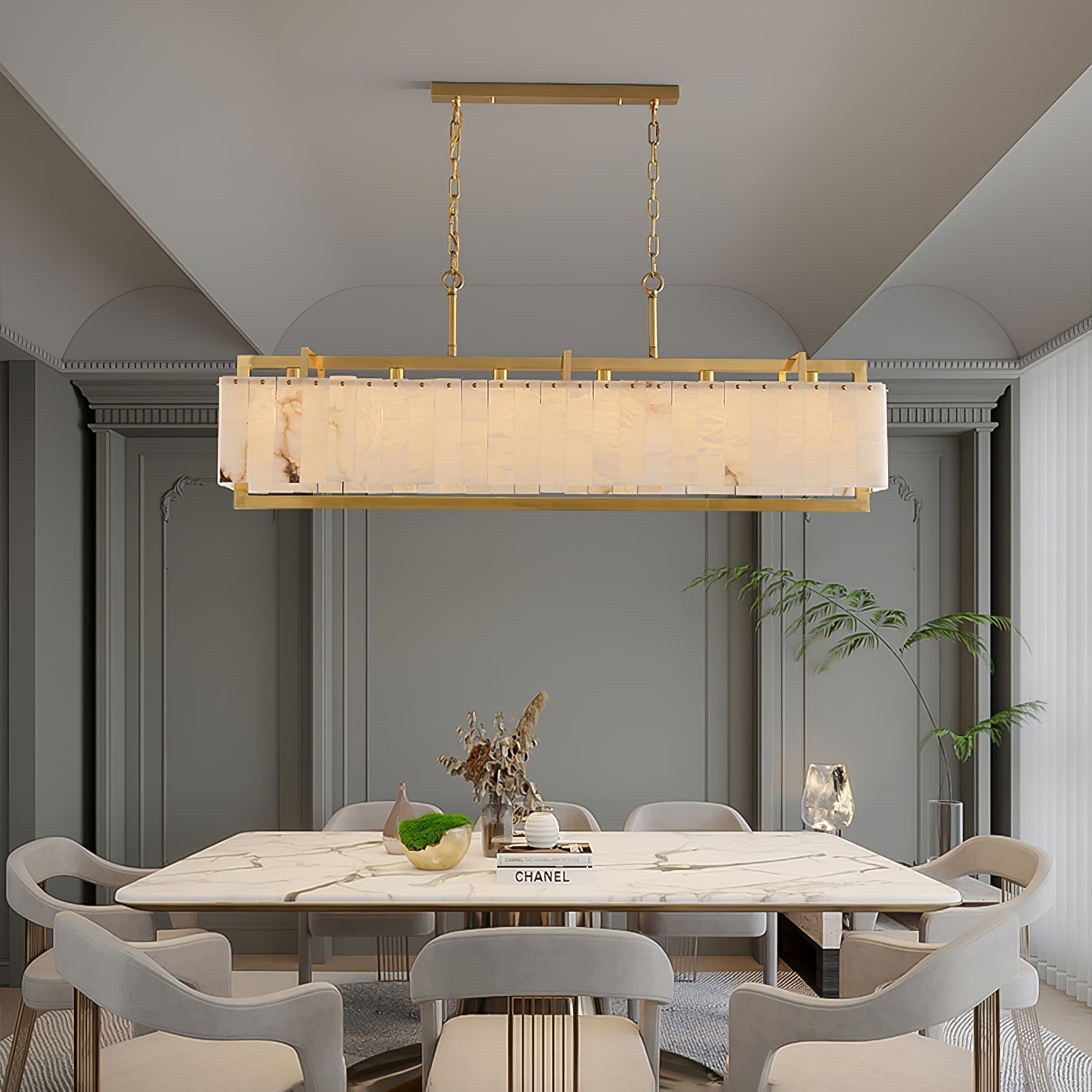 Hexa Alabaster Chandelier - L 39.4″ x W 8.3″ x H 23.6″Gold & WhiteBlushlighting