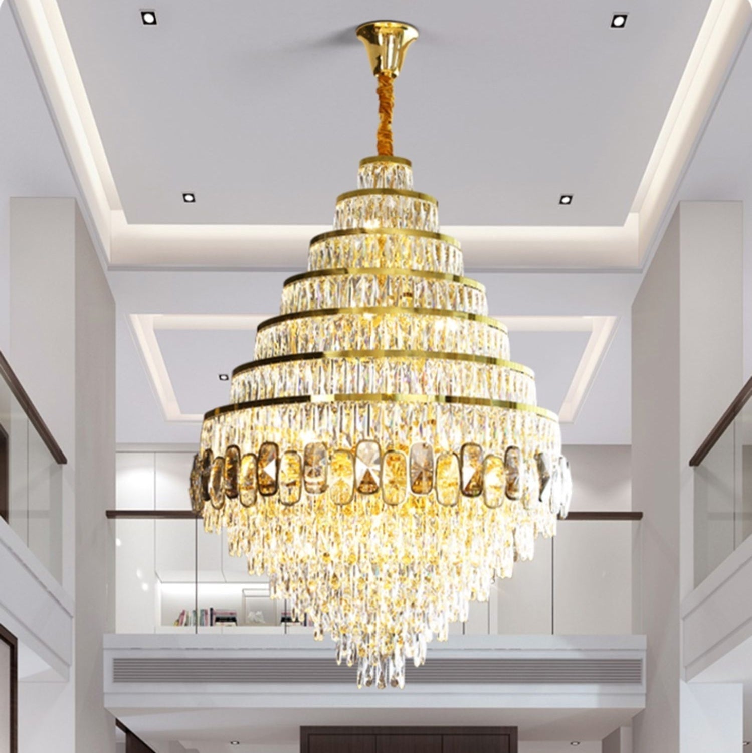 Honeycomb Shaped Ceiling Chandelier Extra Large Crystal Light Fixture For Foyer Staircase/ Entryway In Gold Finish - D59.1"*H86.6"/ 94 LightsBlushlighting