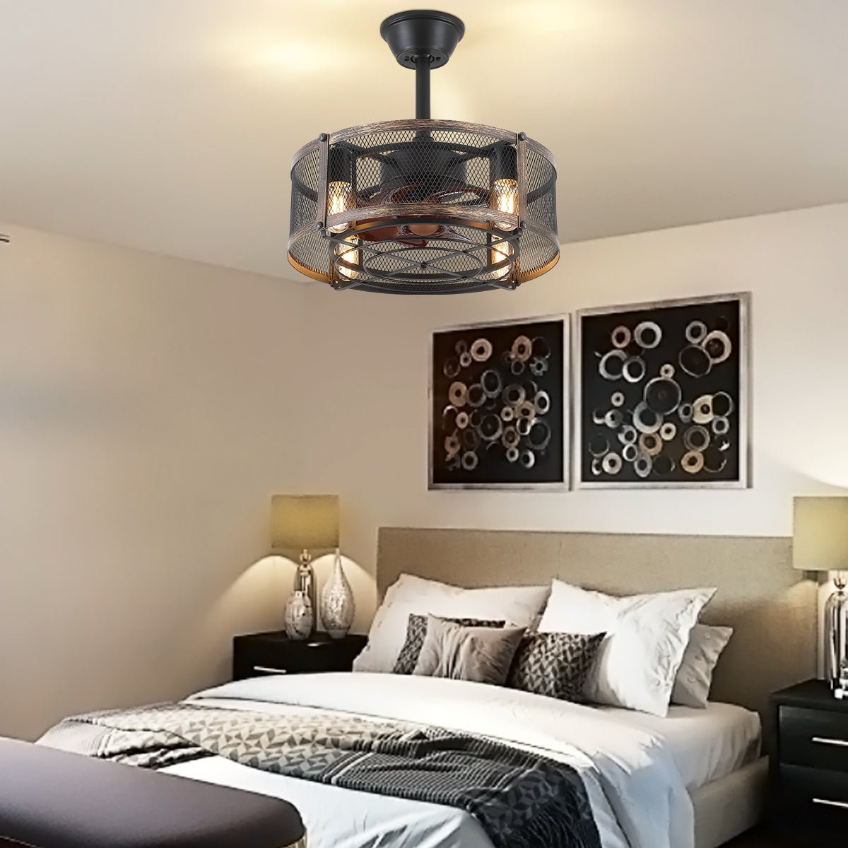 Iron Cage Country Wood Grain Black Ceiling Fan Light 18" - Blushlighting