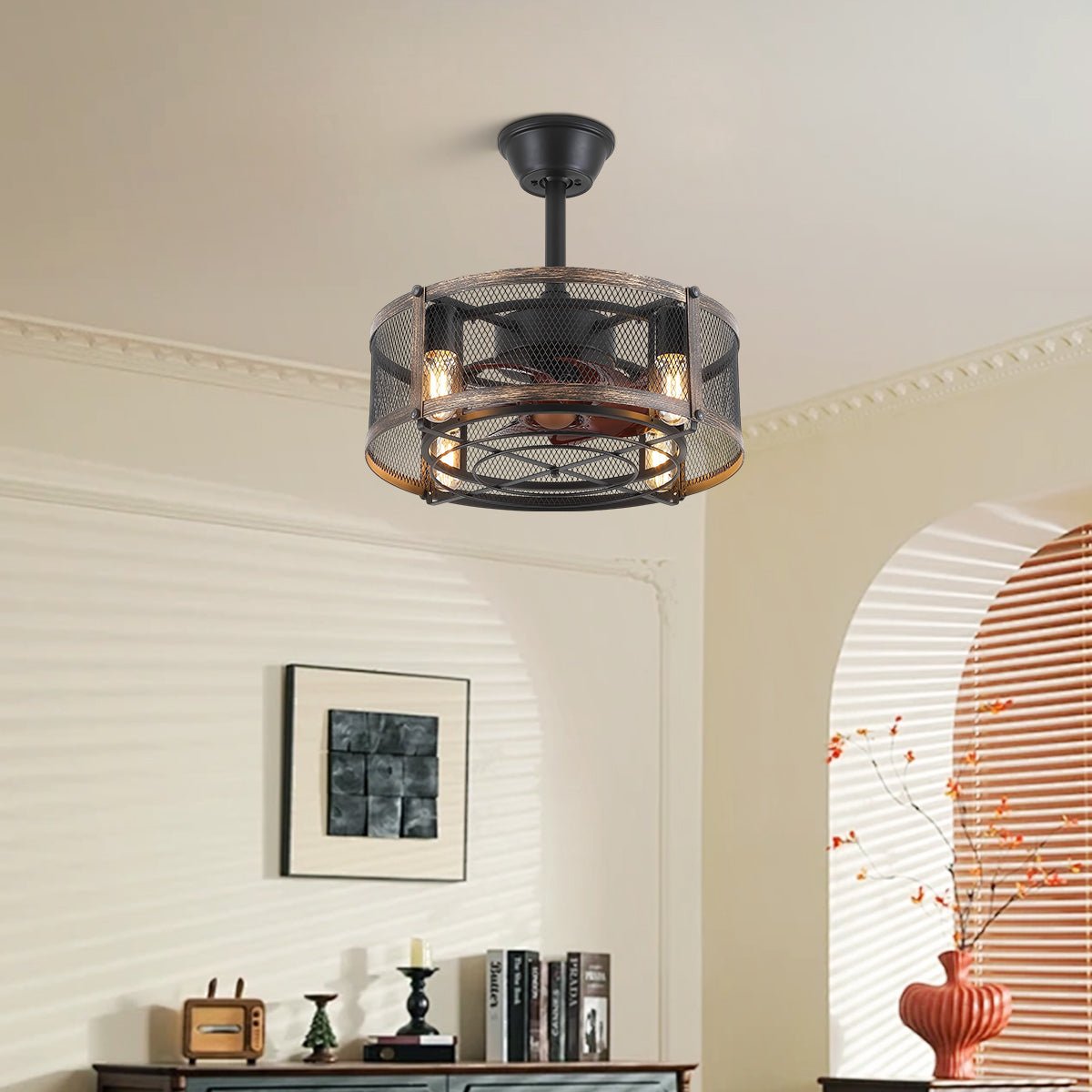 Iron Cage Country Wood Grain Black Ceiling Fan Light 18" - Blushlighting