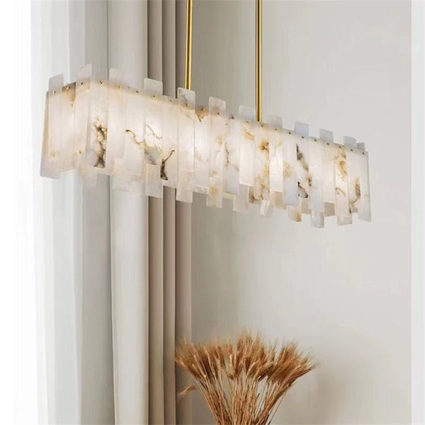 Jean Modern Marble Alabaster Linear Chandelier Over Dining Table - Blushlighting