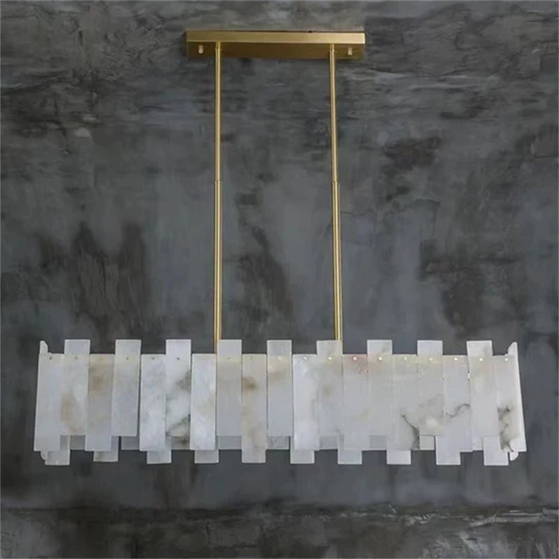 Jean Modern Marble Alabaster Linear Chandelier Over Dining Table - Blushlighting