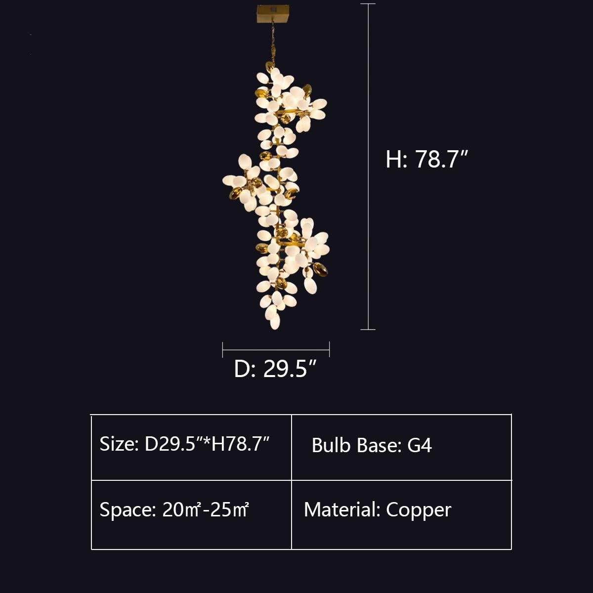 Large Branch Copper Chandelier with Grape Shape Bulbs Unique and Creative Light Fixture for Staircase/ Duplex/ High Ceiling Living Room/ Restaurant - H 78.7" * D 29.5"Warm LightBlushlighting