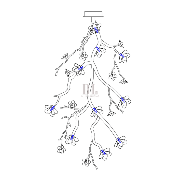 Large Long Branch Flower Chandelier - L 53.1″ x H 129.9″ / L 135cm x H 330cmBrass stained blackBlushlighting