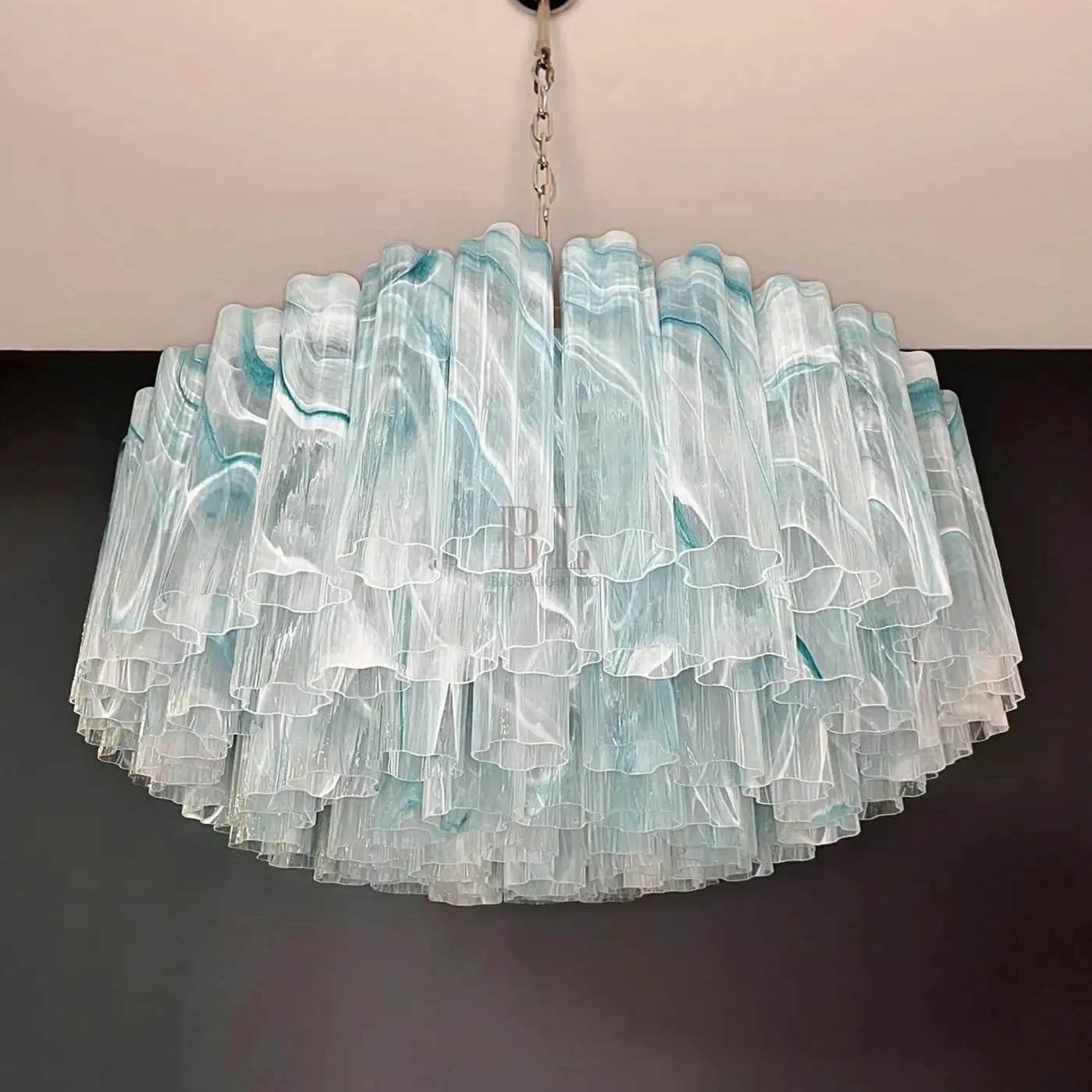 Large Murano glass Chandelier - 101 blue alabaster glass tube - Blushlighting
