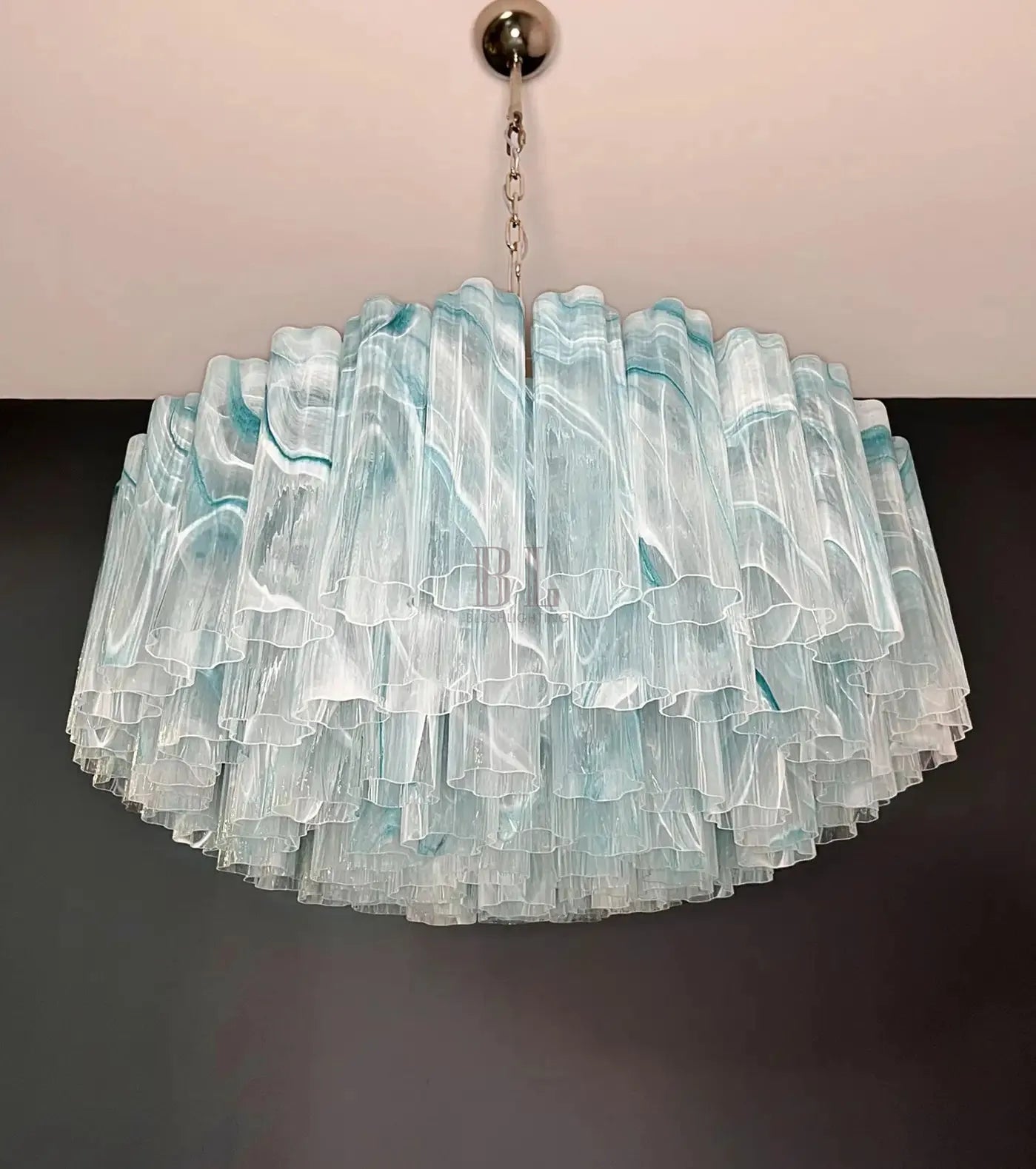 Large Murano glass Chandelier - 101 blue alabaster glass tube - Blushlighting