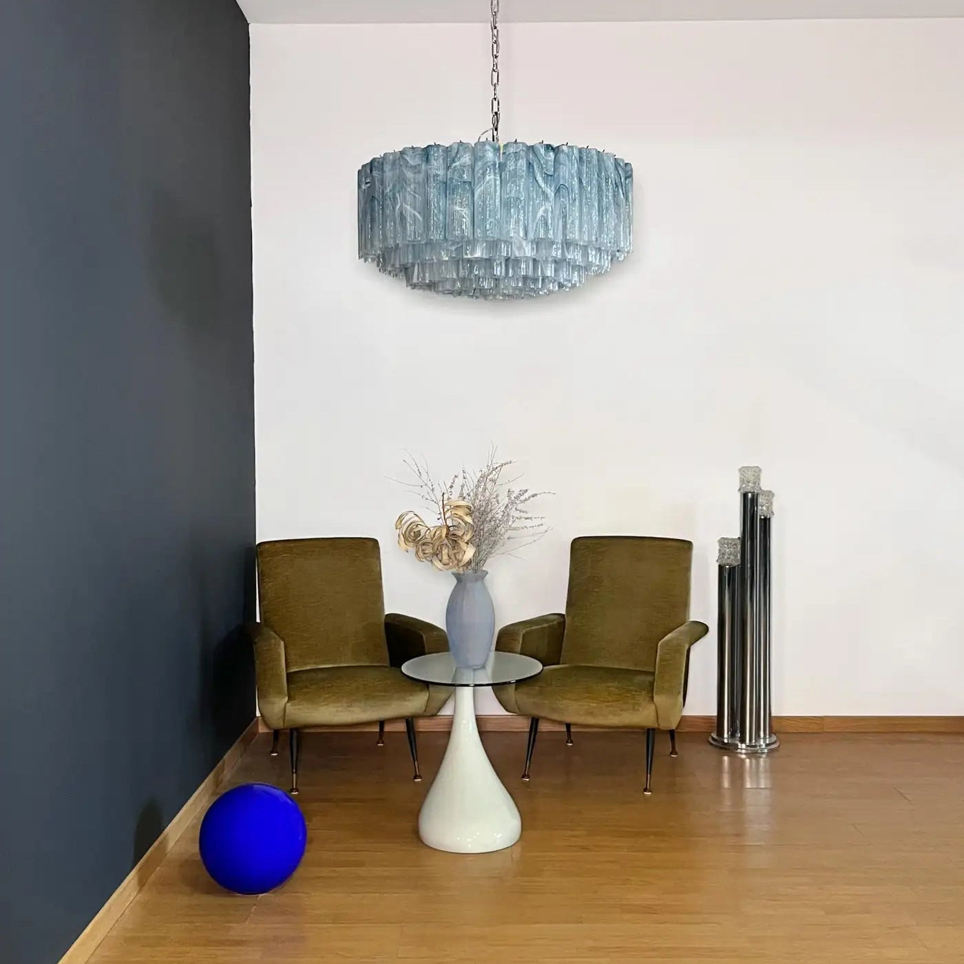 Large Murano glass Chandelier - 101 blue alabaster glass tube - Blushlighting