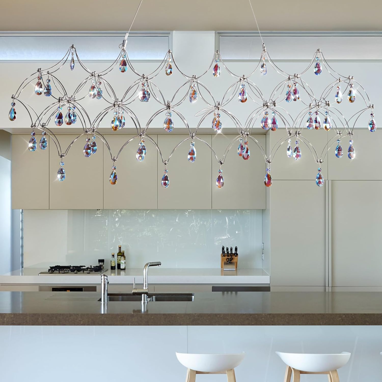 Large Silver Rectangle Crystal Chandelier 49.2" Modern Luxury Raindrop Light