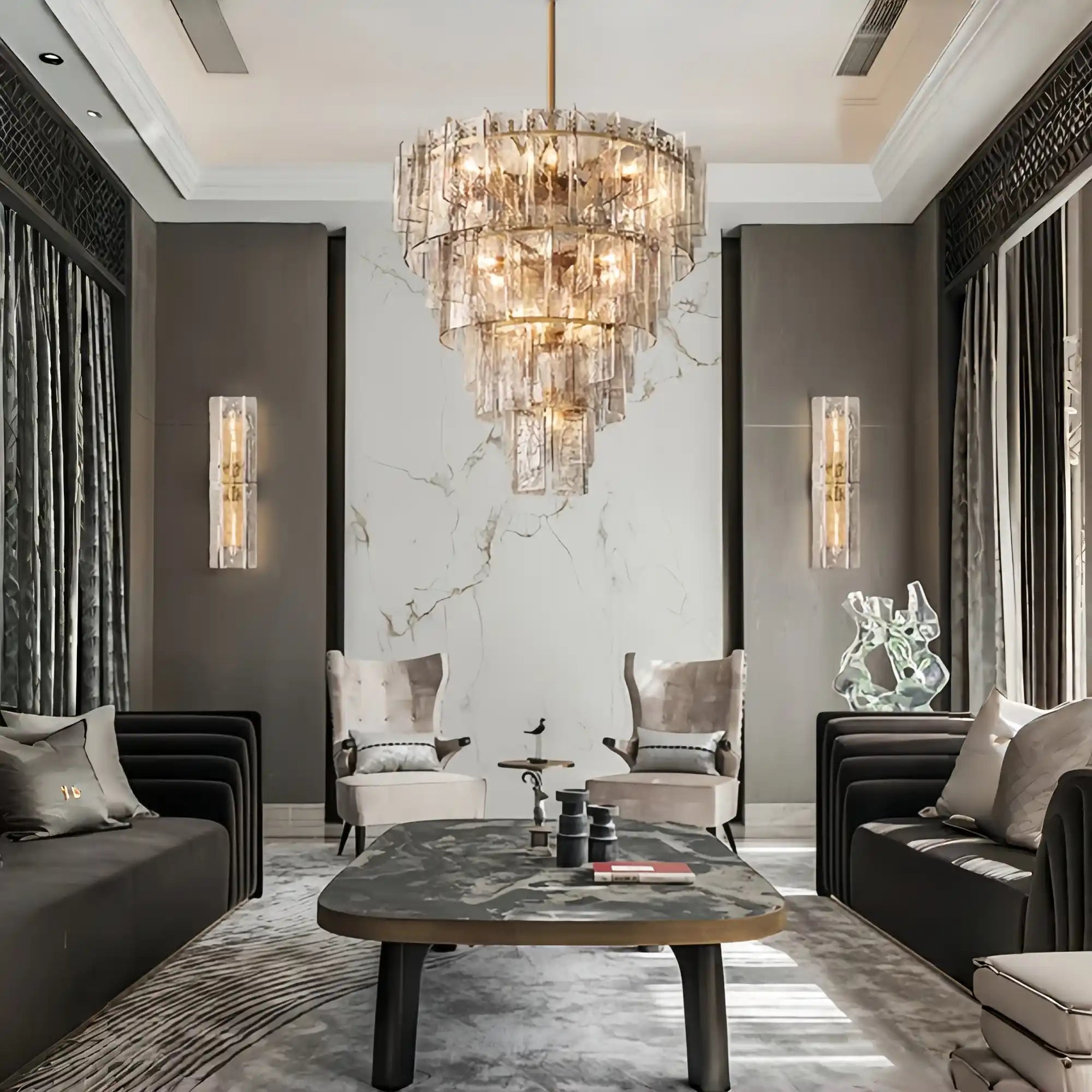 Lattic Glass Tiered Round Chandelier 36'' 47''-Blushlighting