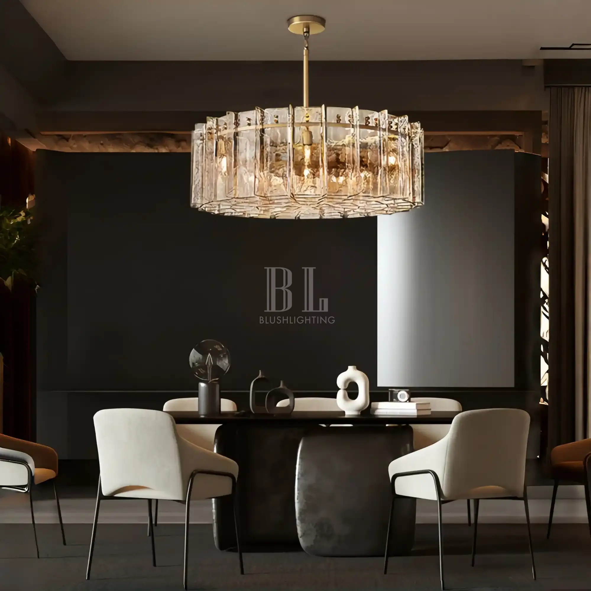 Lattic Smoke Glass Round Chandelier 36'' 48''-36''-Smoke-Lacquered Burnished Brass-Blushlighting