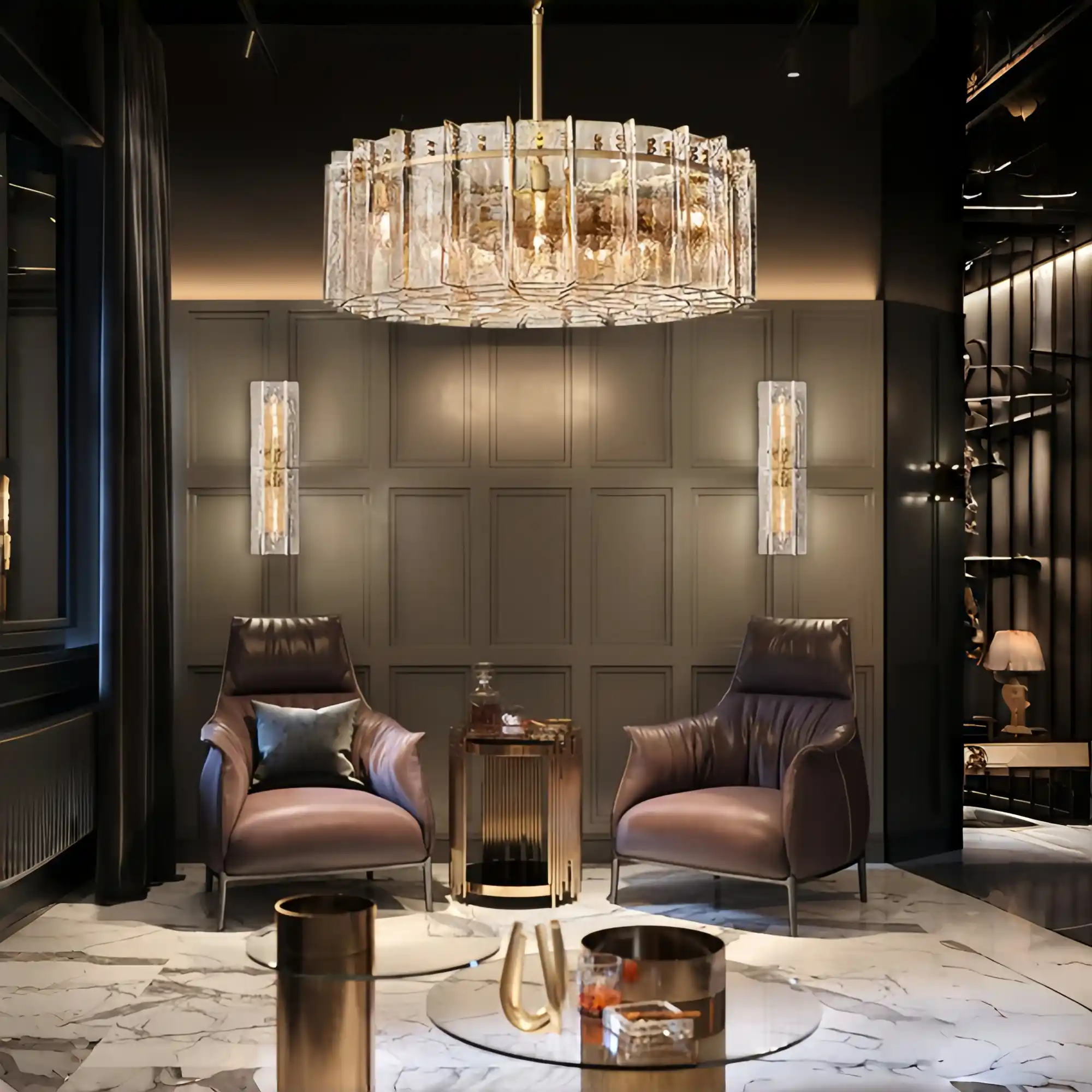 Lattic Smoke Glass Round Chandelier 36'' 48''-48''-Smoke-Lacquered Burnished Brass-Blushlighting