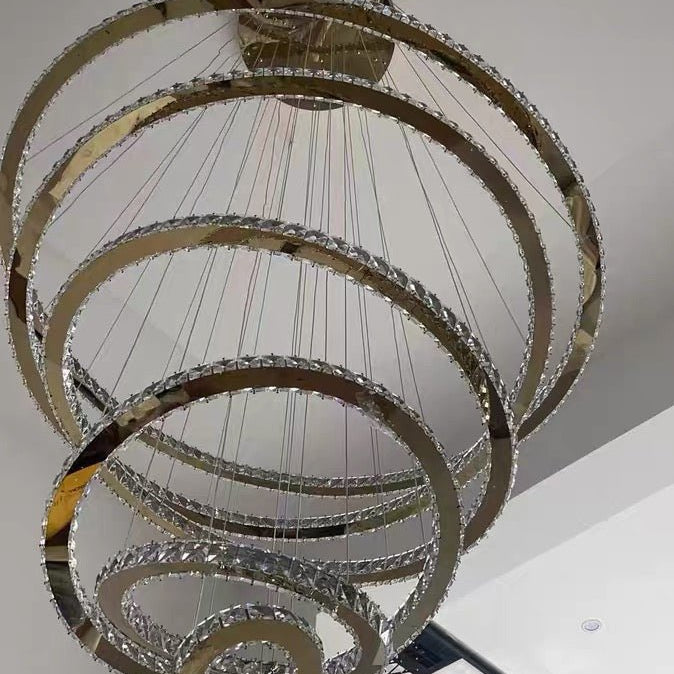 Light Luxury 5/6/7 Rings Crystal Chandelier for Staircase/Foyer/Villa - 2 Rings:Dia(11.8"+19.7")GoldBlushlighting