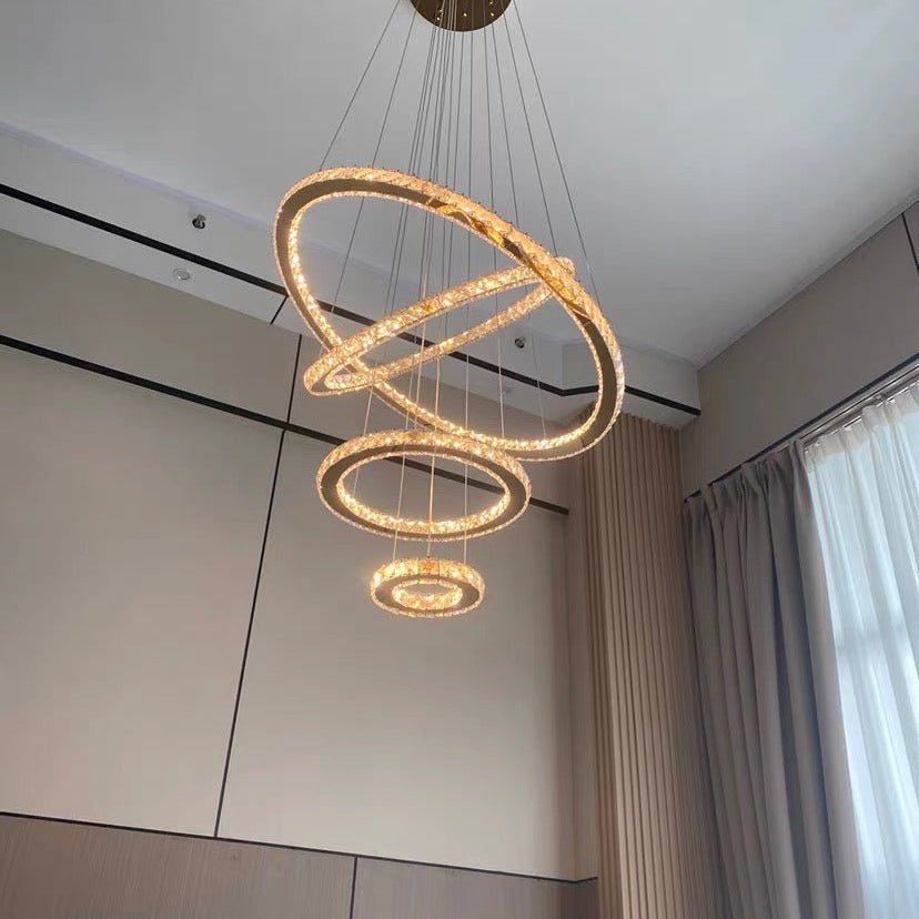 Light Luxury 5/6/7 Rings Crystal Chandelier for Staircase/Foyer/Villa - 2 Rings:Dia(11.8"+19.7")GoldBlushlighting