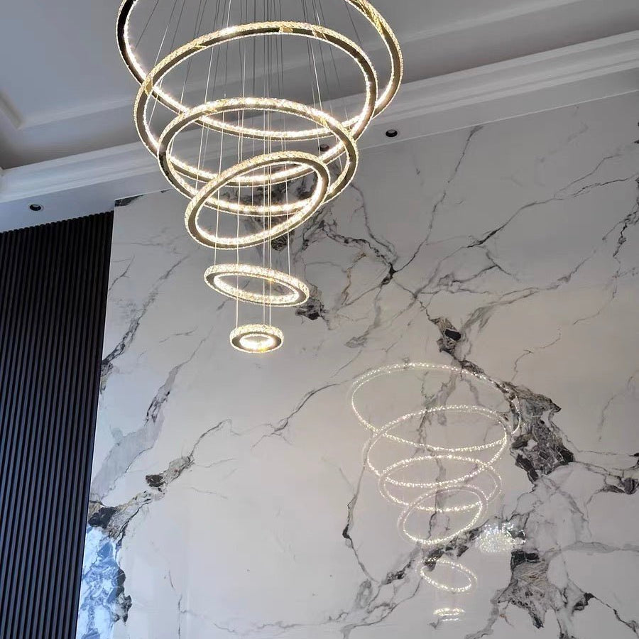 Light Luxury 5/6/7 Rings Crystal Chandelier for Staircase/Foyer/Villa - 2 Rings:Dia(11.8"+19.7")GoldBlushlighting