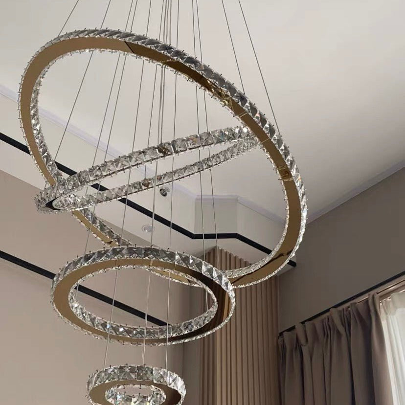 Light Luxury 5/6/7 Rings Crystal Chandelier for Staircase/Foyer/Villa - 2 Rings:Dia(11.8"+19.7")GoldBlushlighting