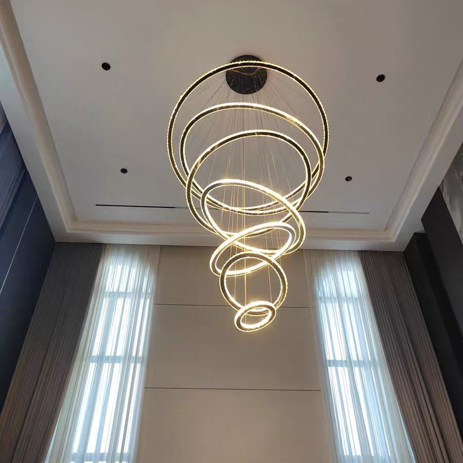 Light Luxury 5/6/7 Rings Crystal Chandelier for Staircase/Foyer/Villa - 2 Rings:Dia(11.8"+19.7")GoldBlushlighting