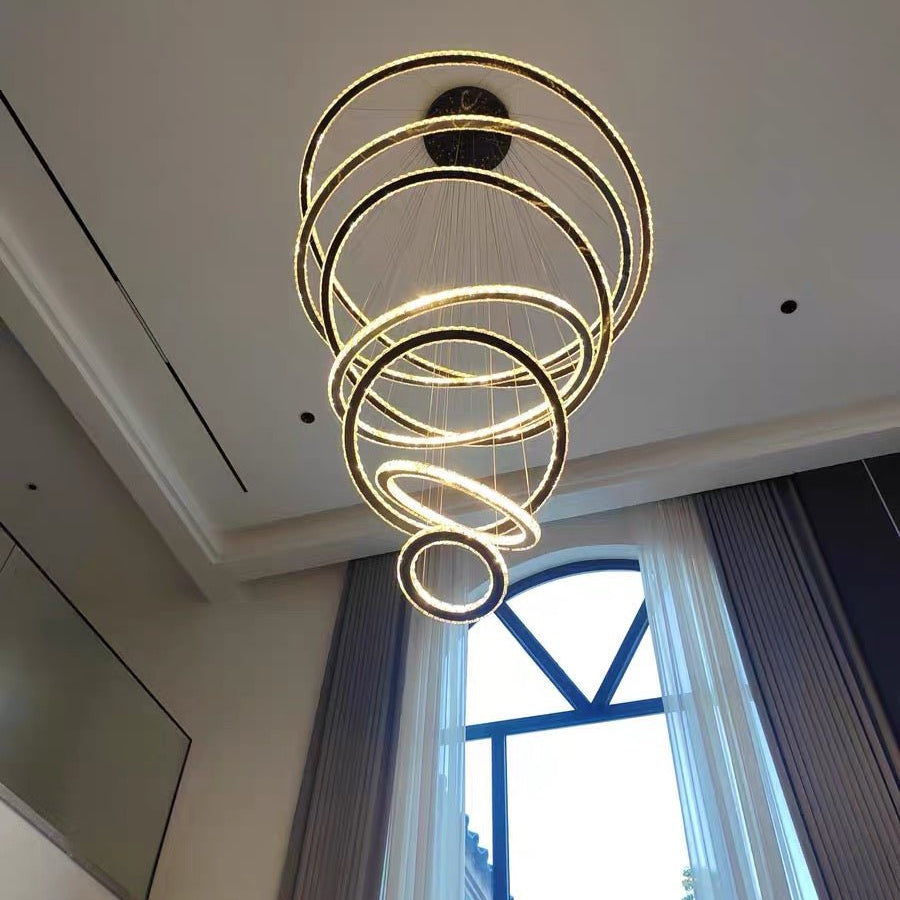 Light Luxury 5/6/7 Rings Crystal Chandelier for Staircase/Foyer/Villa - 2 Rings:Dia(11.8"+19.7")GoldBlushlighting