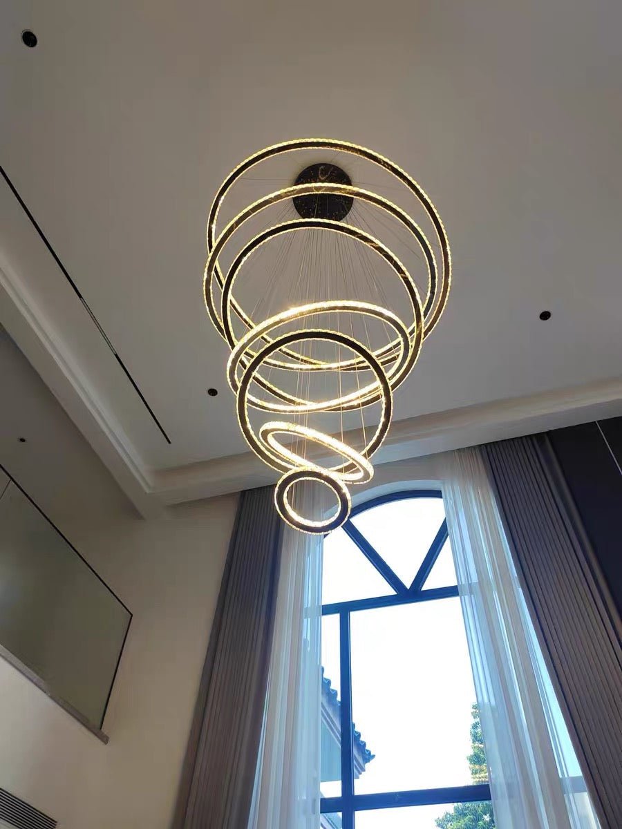 Light Luxury 5/6/7 Rings Crystal Chandelier for Staircase/Foyer/Villa - 2 Rings:Dia(11.8"+19.7")GoldBlushlighting