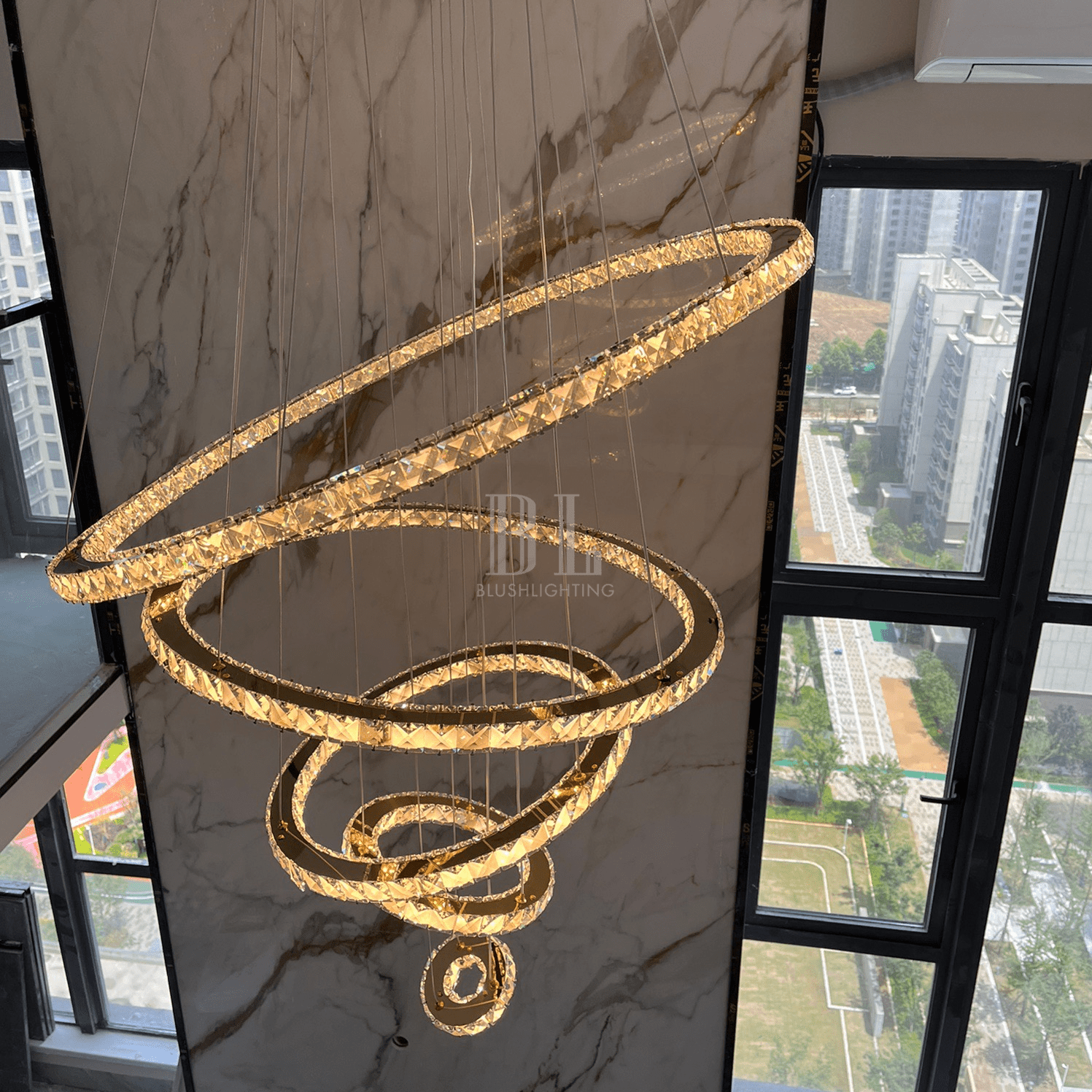 Light Luxury 5/6/7 Rings Crystal Chandelier for Staircase/Foyer/Villa - 2 Rings:Dia(11.8"+19.7")GoldBlushlighting