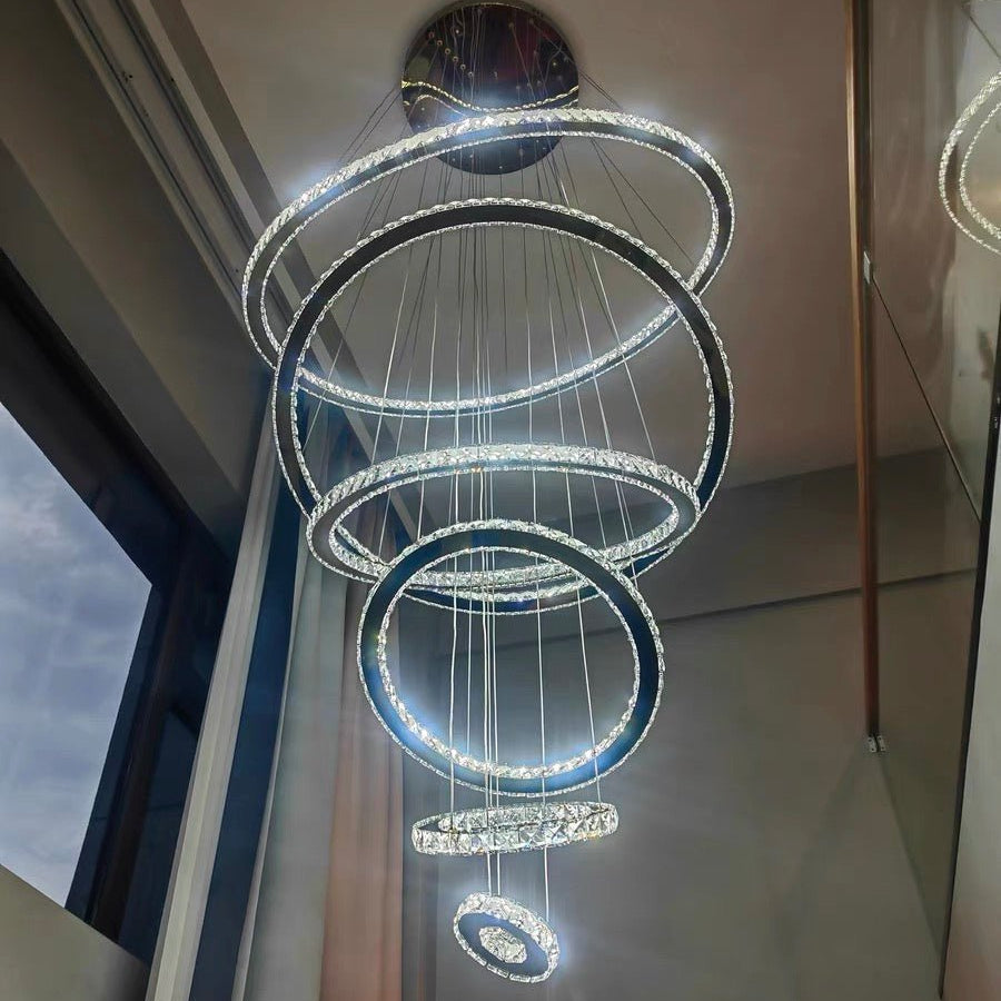 Light Luxury 5/6/7 Rings Crystal Chandelier for Staircase/Foyer/Villa - 2 Rings:Dia(11.8"+19.7")GoldBlushlighting