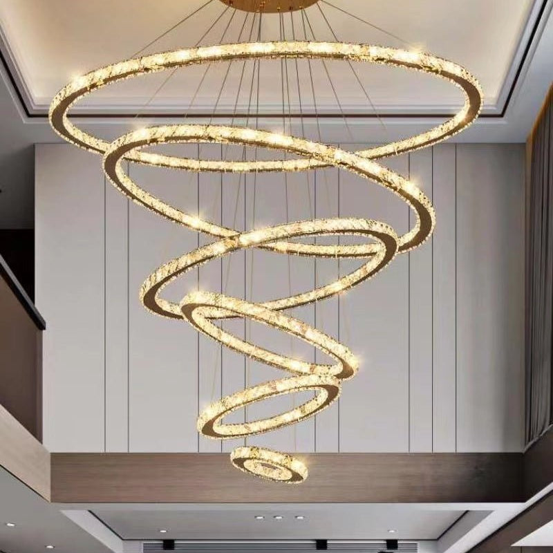 Light Luxury 5/6/7 Rings Crystal Chandelier for Staircase/Foyer/Villa - 2 Rings:Dia(11.8"+19.7")GoldBlushlighting